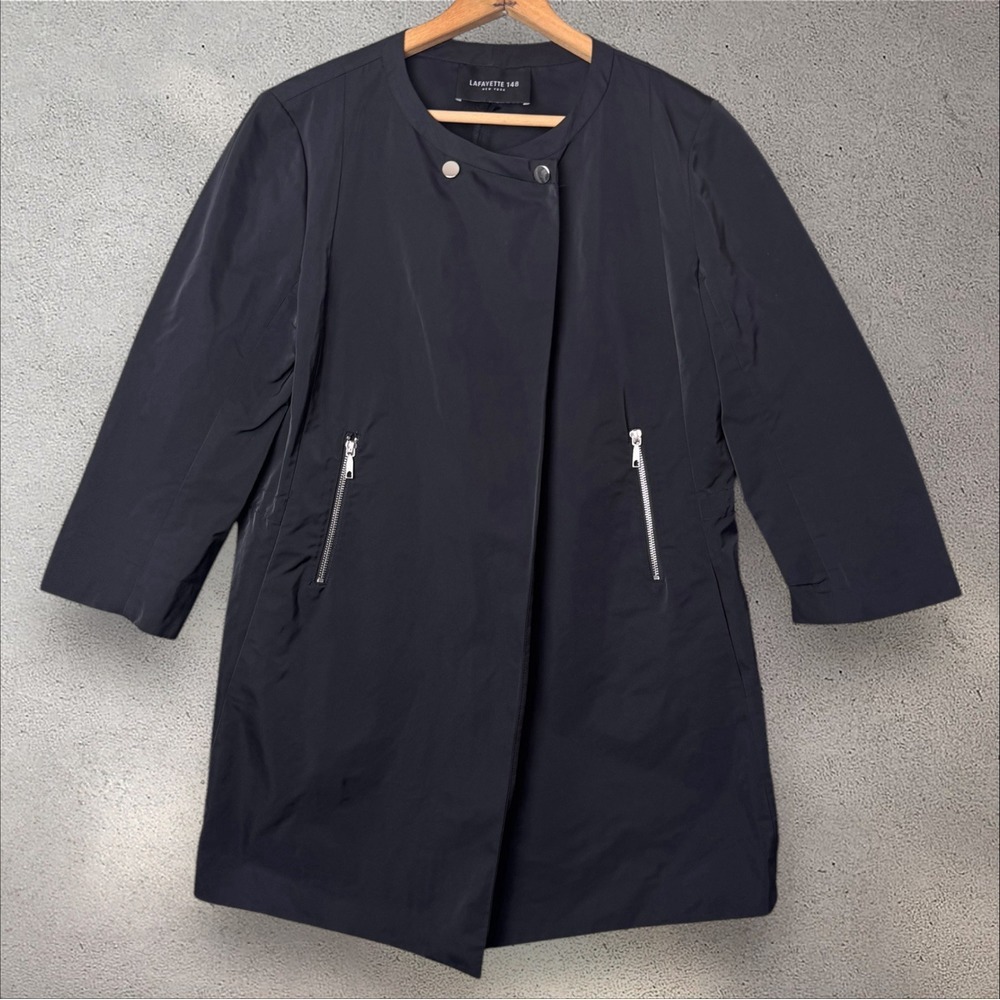 Lafayette 148 Double Breasted Snap Cinch Waist Overcoat Rain Evening Jacket Sz 8